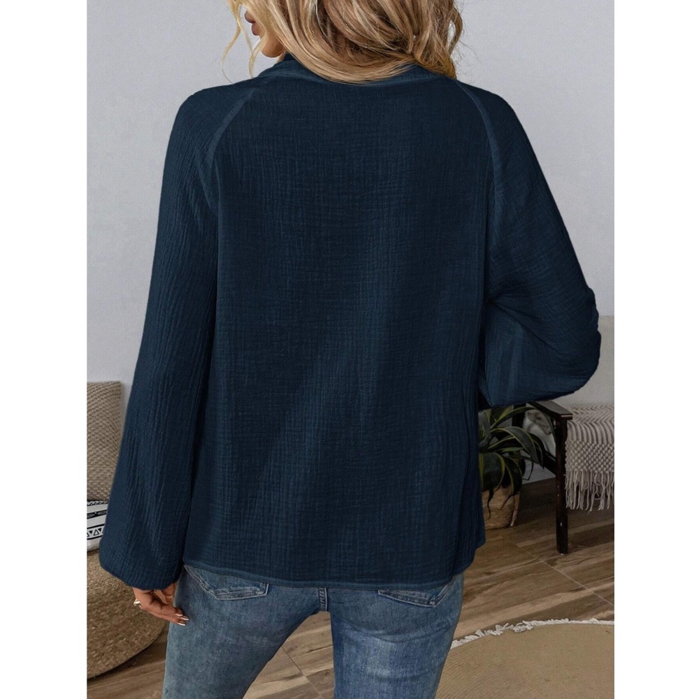 100% Cotton Navy Long Sleeve Shirt V-Neck Blue Paisley Embroidery - Picture 5 of 9